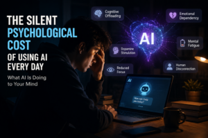 The Silent Psychological Cost of Using AI Every Day Person staring at an AI chatbot screen late at night while surrounded by glowing digital interfaces representing emotional dependency, mental fatigue, and the psychological effects of AI.