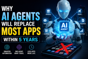 Why AI Agents Will Replace Most Apps Within 5 Years Futuristic AI agent replacing smartphone apps with automation, productivity, scheduling, and intelligent digital workflows