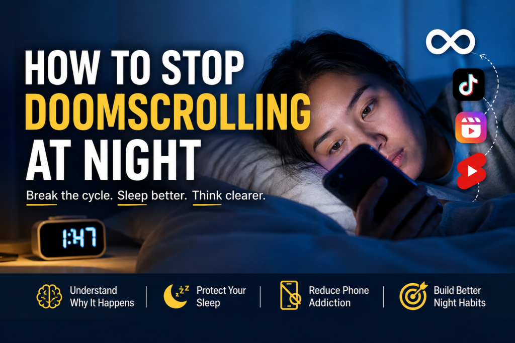 A tired woman scrolling on her phone late at night surrounded by TikTok, Instagram Reels, and YouTube Shorts icons representing doomscrolling and phone addiction.