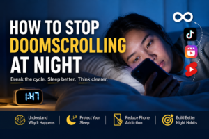 How to Stop Doomscrolling at Night (Even If You’re Addicted to Your Phone) A tired woman scrolling on her phone late at night surrounded by TikTok, Instagram Reels, and YouTube Shorts icons representing doomscrolling and phone addiction.