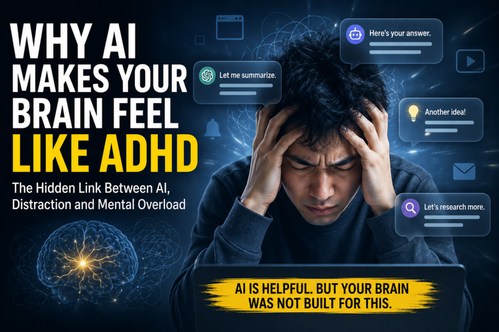 Futuristic illustration showing an overstimulated brain surrounded by AI interfaces, notifications, glowing screens, and fragmented attention patterns representing ADHD-like digital overload
