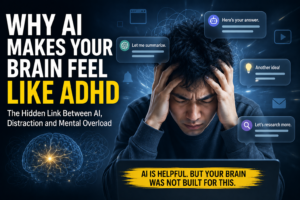 Why AI Makes Your Brain Feel Like ADHD Futuristic illustration showing an overstimulated brain surrounded by AI interfaces, notifications, glowing screens, and fragmented attention patterns representing ADHD-like digital overload