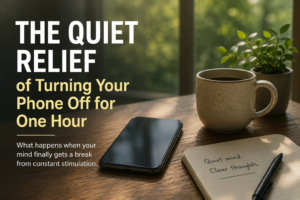 Minimalist digital detox thumbnail showing a quiet desk with a phone, coffee mug, notebook, and sunlight representing mental clarity and relief from constant phone stimulation.