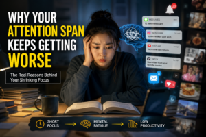 Why Your Attention Span Keeps Getting Worse (7 Hidden Reasons) Overwhelmed woman studying while surrounded by smartphone notifications and social media distractions representing shrinking attention span and mental fatigue.
