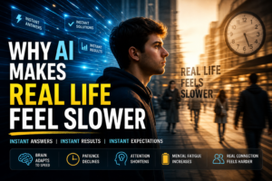 Why AI Makes Real Life Feel Slower A cinematic illustration showing how AI speed and instant digital stimulation make real life feel slower, featuring instant answers, mental overload, reduced patience, attention decline, and emotional fatigue in the AI era.