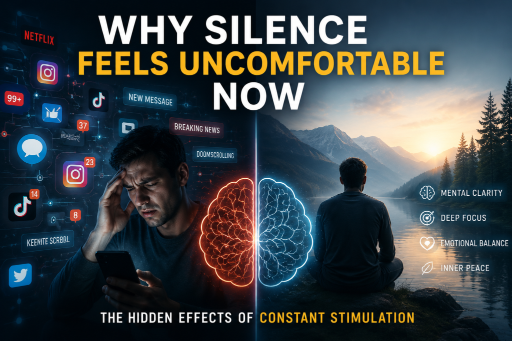 A cinematic illustration showing the contrast between digital overstimulation and mental silence, featuring social media overload, dopamine-driven distractions, mental exhaustion, deep focus, and emotional clarity.