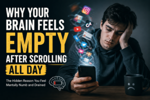 A mentally exhausted man staring at his phone after hours of scrolling social media, representing dopamine overload, digital fatigue, and attention burnout.
