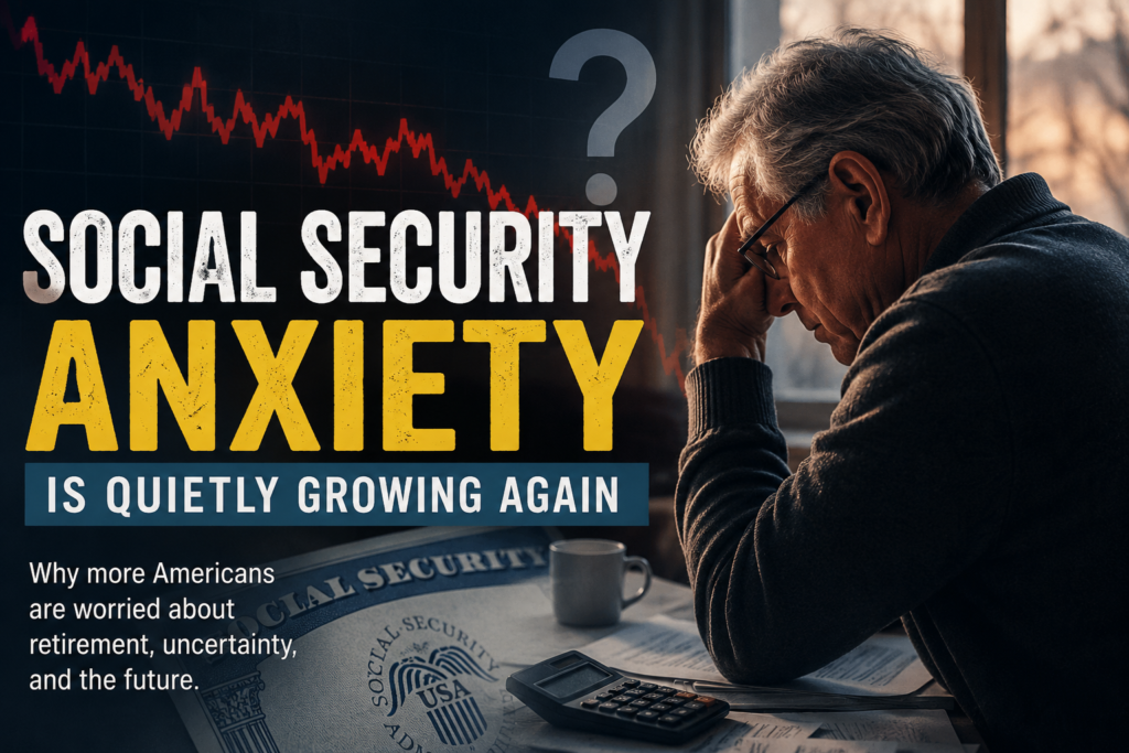 Social Security anxiety thumbnail showing an older man worried about retirement and financial uncertainty with falling market charts in the background.