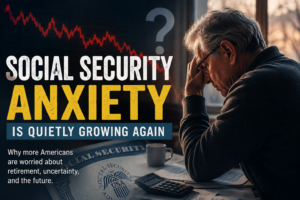 Social Security Anxiety Is Quietly Growing Again Social Security anxiety thumbnail showing an older man worried about retirement and financial uncertainty with falling market charts in the background.