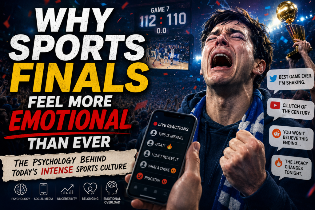 An emotional sports fan reacting during a dramatic championship finals game while scrolling live social media reactions on a smartphone