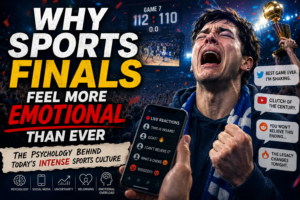 Why Sports Finals Feel More Emotional Than Ever An emotional sports fan reacting during a dramatic championship finals game while scrolling live social media reactions on a smartphone