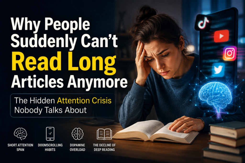 A stressed young woman struggling to read a book while surrounded by social media apps and digital distractions representing the modern attention crisis.