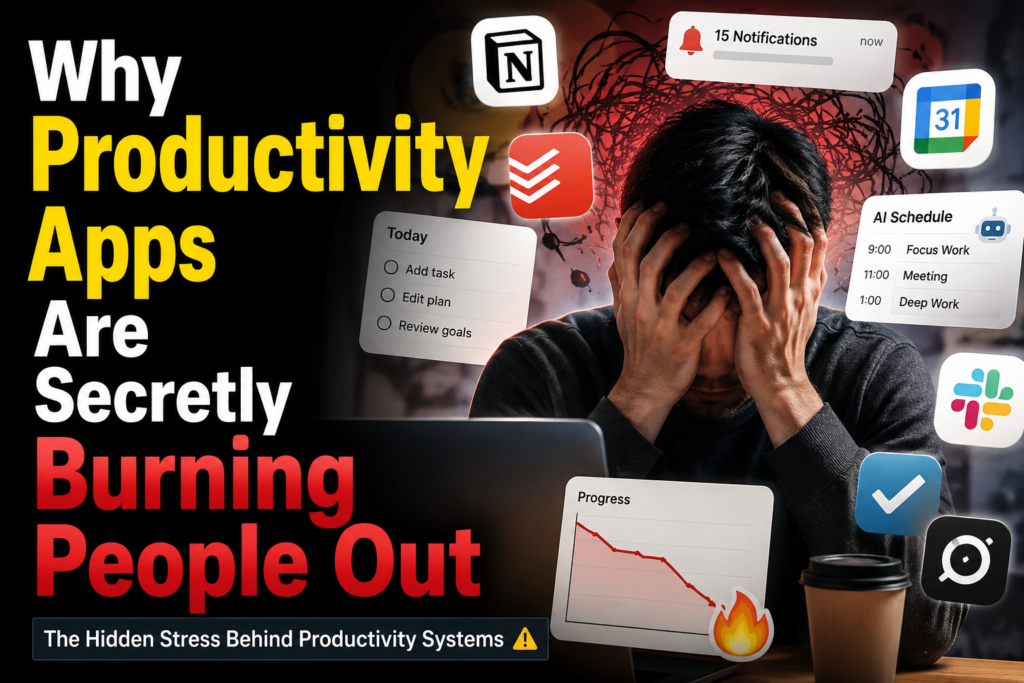Overwhelmed person surrounded by productivity apps, AI tools, notifications, and digital dashboards representing productivity burnout and mental overload