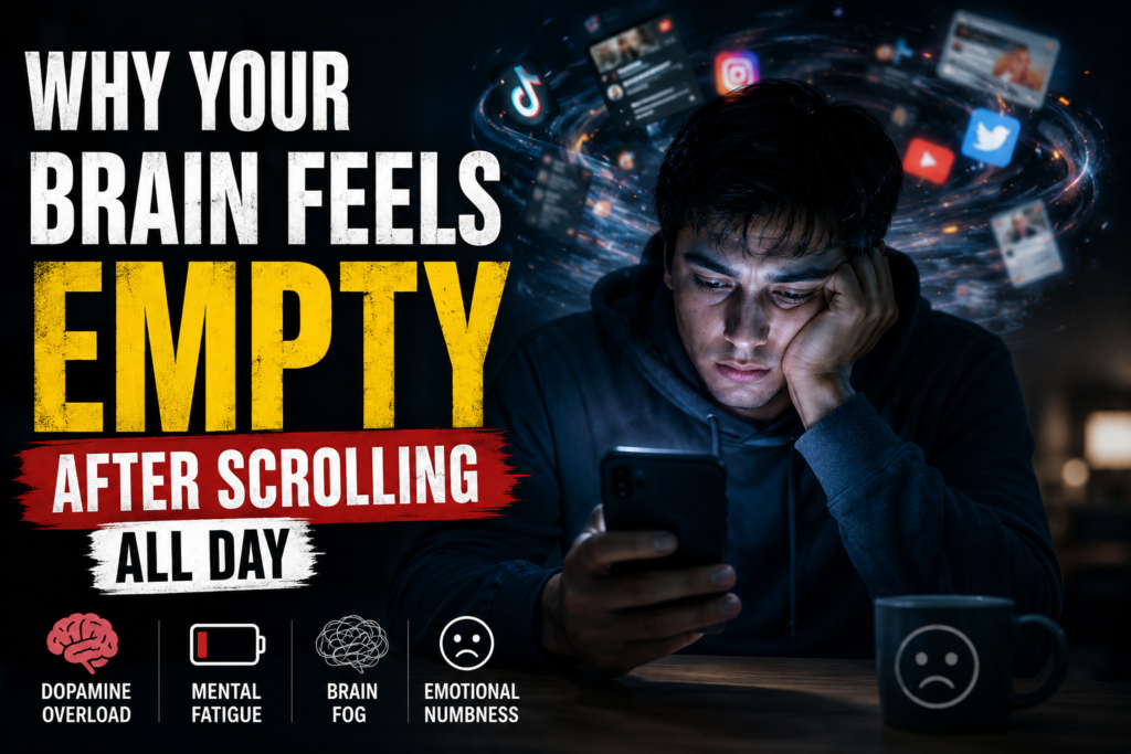 A mentally exhausted man scrolling on his phone at night while surrounded by social media apps, symbolizing dopamine overload, brain fog, emotional numbness, and digital fatigue.