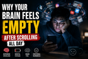 A mentally exhausted man scrolling on his phone at night while surrounded by social media apps, symbolizing dopamine overload, brain fog, emotional numbness, and digital fatigue.