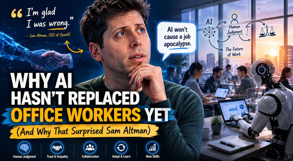 AI and office workers collaborating in a modern workplace while Sam Altman discusses why AI has not replaced human jobs yet
