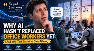 AI and office workers collaborating in a modern workplace while Sam Altman discusses why AI has not replaced human jobs yet