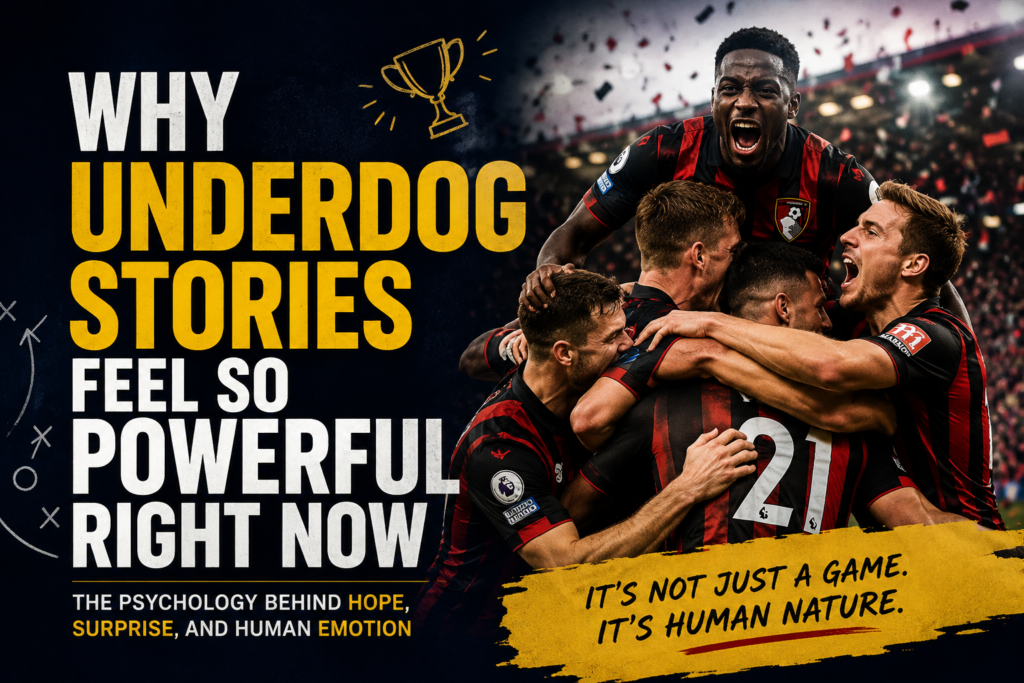 Premier League underdog players celebrating an emotional victory in a stadium while illustrating the psychology behind hope, surprise, and human emotion
