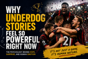 Why Underdog Stories Affect Human Emotions So Deeply Premier League underdog players celebrating an emotional victory in a stadium while illustrating the psychology behind hope, surprise, and human emotion