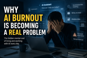 Why AI Burnout Is Becoming a Real Problem Futuristic illustration showing a stressed person surrounded by glowing AI systems, notifications, and digital overload representing AI burnout and cognitive exhaustion