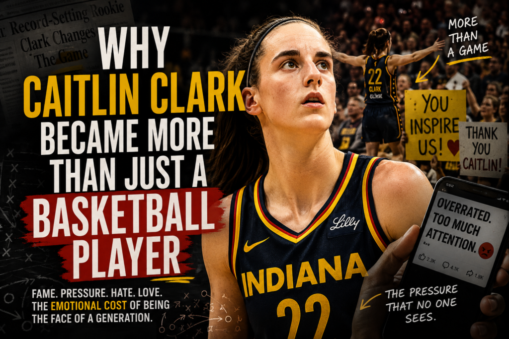 Caitlin Clark sports psychology thumbnail showing fame, pressure, internet culture, emotional attachment, and the modern psychological cost of celebrity athletes