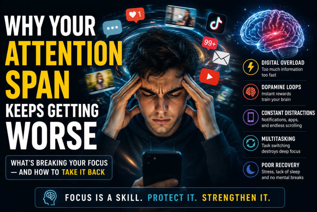 Cinematic thumbnail showing a distracted person overwhelmed by notifications, social media, multitasking, and digital overload representing declining attention span