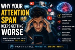 Why Your Attention Span Keeps Getting Worse Cinematic thumbnail showing a distracted person overwhelmed by notifications, social media, multitasking, and digital overload representing declining attention span