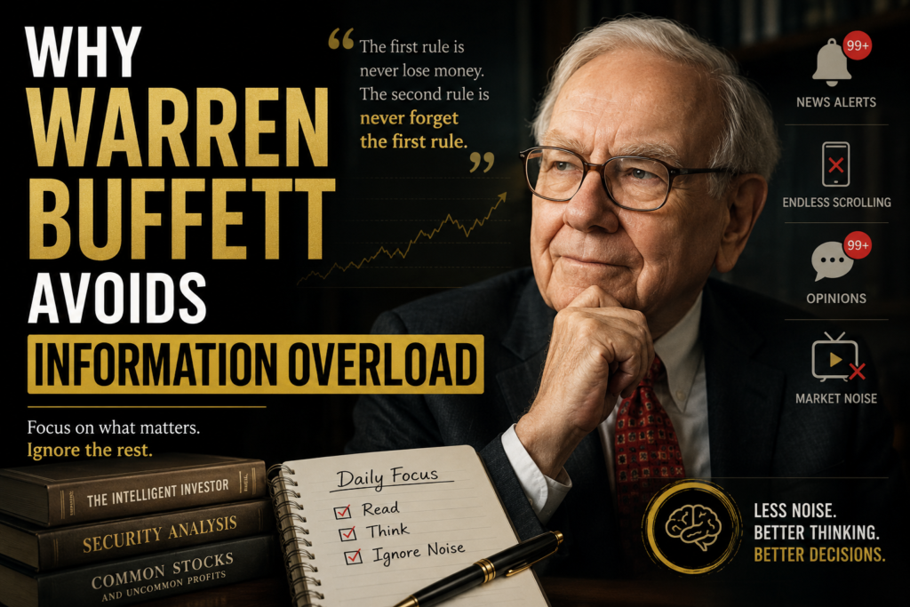 Why Warren Buffett Avoids Information Overload thumbnail featuring focus, deep thinking, and avoiding digital distractions
