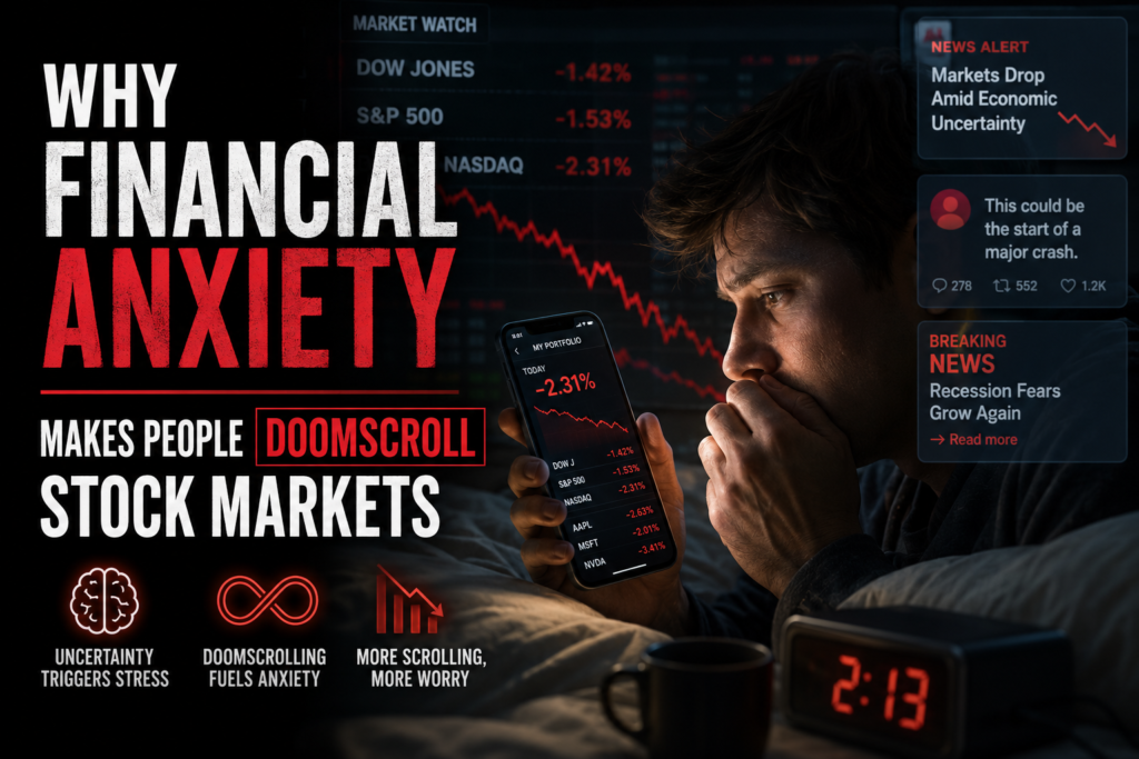 A stressed man checking stock market apps late at night while doomscrolling financial news during economic uncertainty