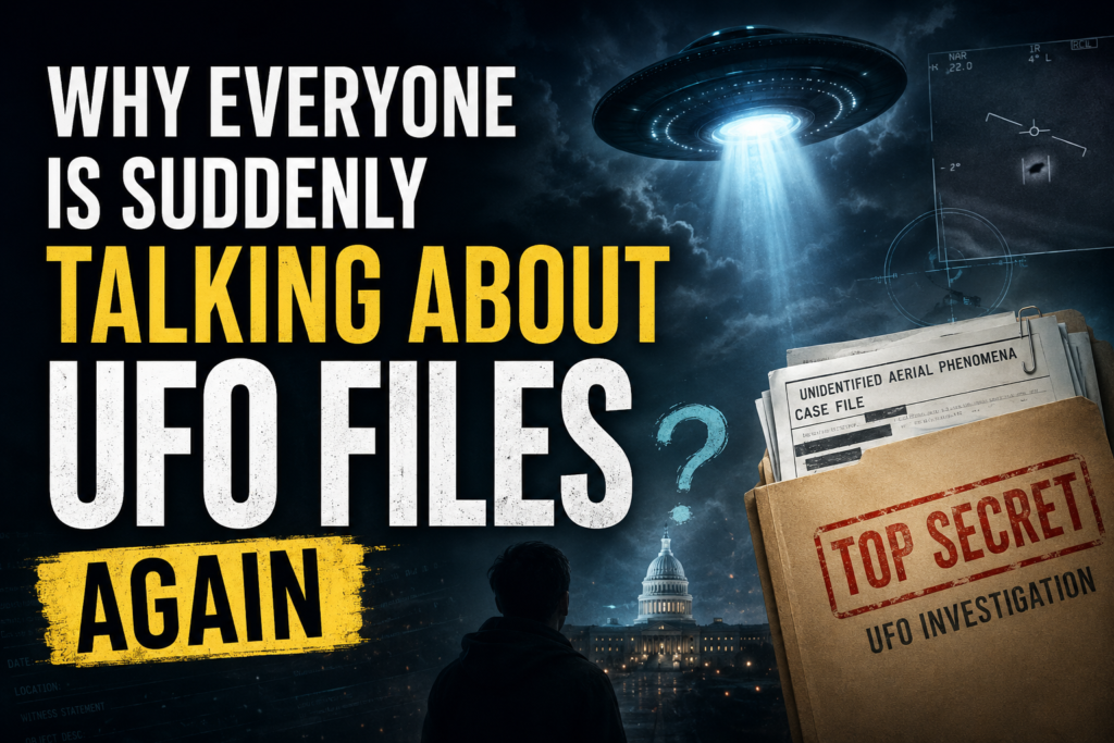 Cinematic UFO thumbnail showing secret government files, a mysterious flying object, and dark skies representing renewed public curiosity about UFO disclosures