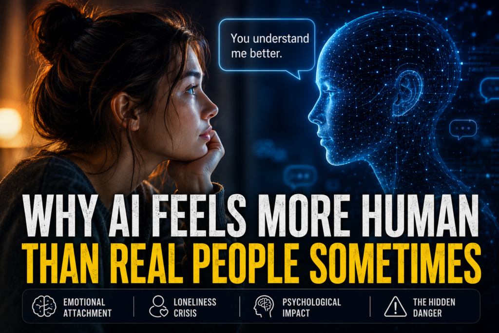Woman emotionally interacting with a glowing AI figure representing emotional attachment, loneliness, and the psychological impact of AI companionship.