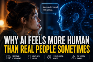 Why AI Feels More Human Than Real People Sometimes Woman emotionally interacting with a glowing AI figure representing emotional attachment, loneliness, and the psychological impact of AI companionship.