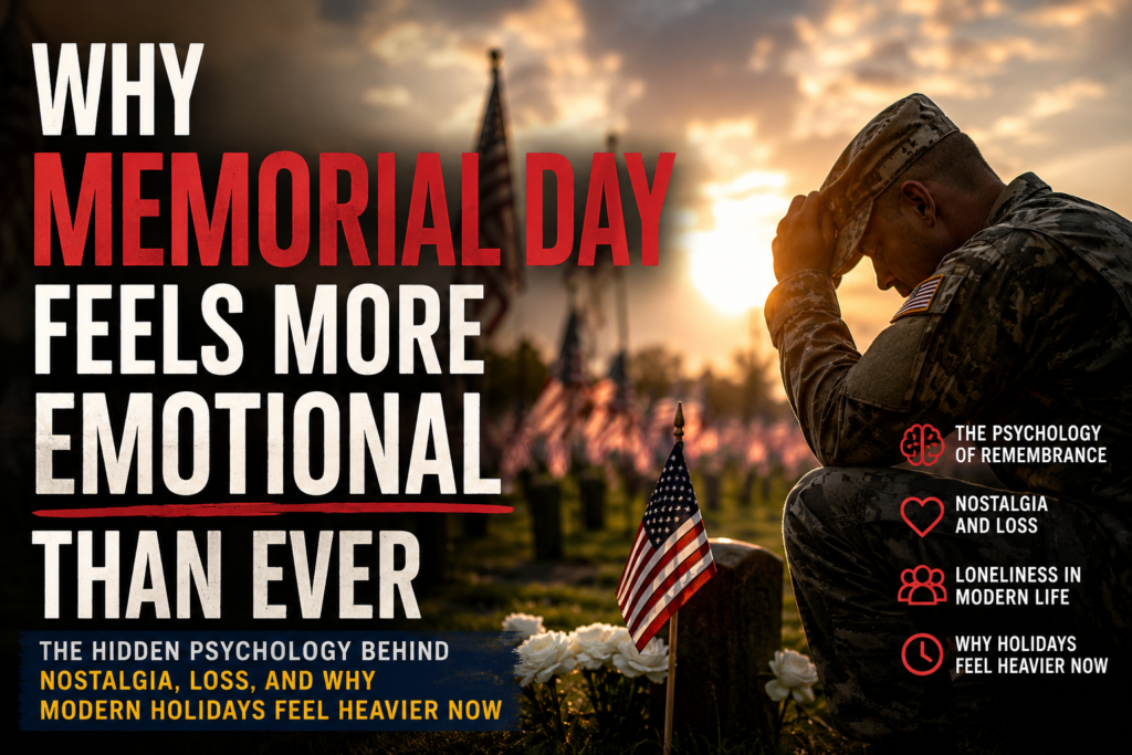 Memorial Day emotional thumbnail showing a soldier, American flags, remembrance, nostalgia, loneliness, and the psychology behind modern emotional fatigue