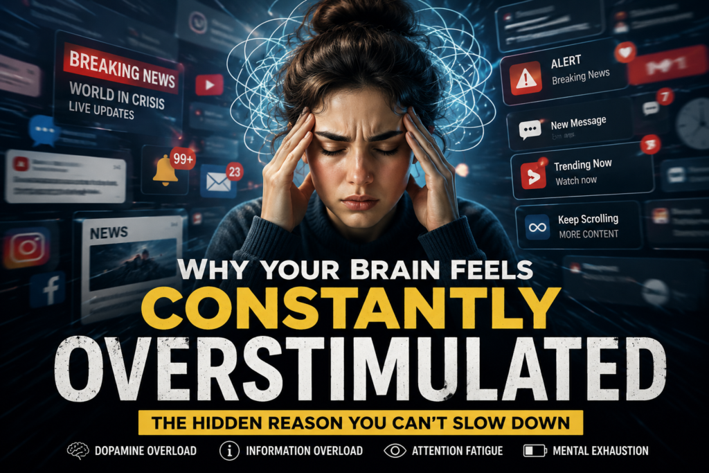 A cinematic digital illustration showing a woman overwhelmed by nonstop notifications, breaking news, social media alerts, and digital overload, representing an overstimulated brain in the modern attention economy.
