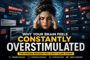Why Your Brain Feels Constantly Overstimulated A cinematic digital illustration showing a woman overwhelmed by nonstop notifications, breaking news, social media alerts, and digital overload, representing an overstimulated brain in the modern attention economy.