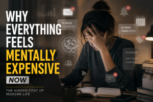 Why Everything Feels Mentally Expensive Now (And Why So Many People Feel Exhausted All the Time) mentally exhausted woman overwhelmed by digital overload and modern life stress