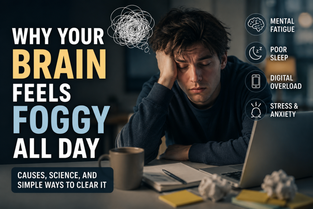 Cinematic brain fog thumbnail showing a mentally exhausted person surrounded by notifications, screens, blurred thoughts, and digital overload
