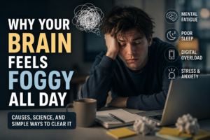 Why Your Brain Feels Foggy All Day Cinematic brain fog thumbnail showing a mentally exhausted person surrounded by notifications, screens, blurred thoughts, and digital overload
