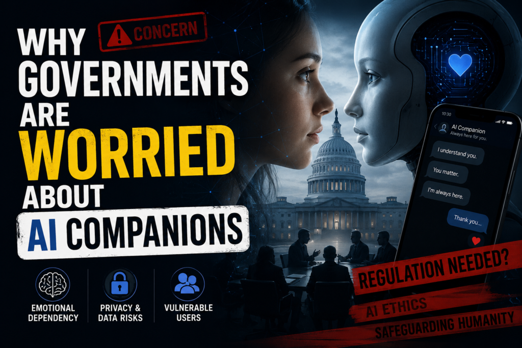 A cinematic digital illustration showing a human face confronting an AI companion robot in front of government buildings, symbolizing growing concerns about emotional AI relationships, regulation, privacy risks, and psychological dependency.