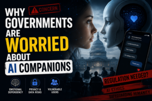 Why Governments Are Worried About AI Companions A cinematic digital illustration showing a human face confronting an AI companion robot in front of government buildings, symbolizing growing concerns about emotional AI relationships, regulation, privacy risks, and psychological dependency.
