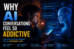 A cinematic digital illustration showing a person emotionally engaged in an AI conversation, representing dopamine loops, emotional dependency, loneliness, instant validation, and the addictive psychological effects of AI interactions.