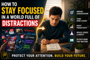 How to Stay Focused in a World Full of Distractions Cinematic productivity thumbnail showing a focused person studying while surrounded by digital distractions, notifications, multitasking, and social media overload