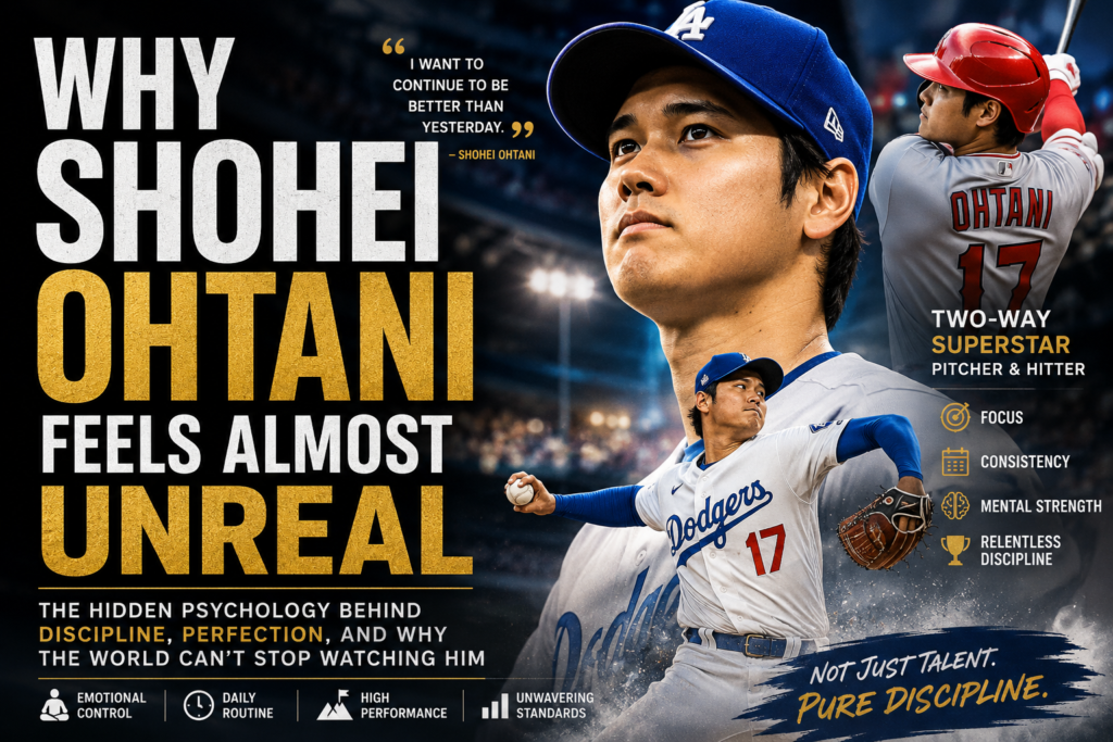 Shohei Ohtani baseball psychology thumbnail showing discipline, emotional control, consistency, and why modern audiences are fascinated by his calm high-performance mindset