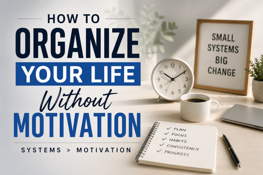 Minimal productivity workspace with the text “How to Organize Your Life Without Motivation” representing systems, habits, focus, and consistency.