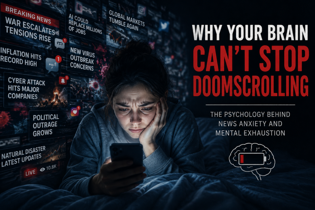 A cinematic illustration showing a woman overwhelmed by doomscrolling, surrounded by breaking news headlines, social media alerts, anxiety-driven content, and mental exhaustion caused by nonstop digital stimulation.