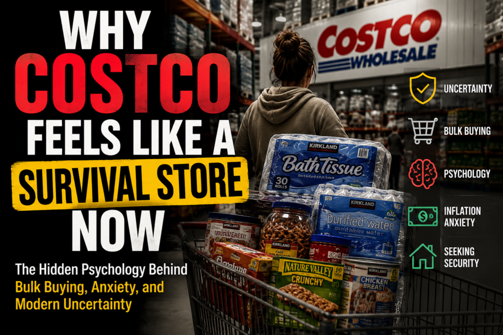 Costco warehouse shopping thumbnail showing bulk buying, inflation anxiety, emotional security, and the psychology behind modern survival shopping