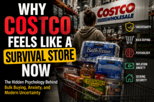 Why Costco Feels Like a Survival Store Now Costco warehouse shopping thumbnail showing bulk buying, inflation anxiety, emotional security, and the psychology behind modern survival shopping